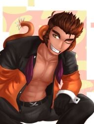 abs bara belt brown_body brown_hair brown_skin bulge chester_(fnac) chimpanzee ear fazbear_fanverse five_nights_at_candy's flaccid gloves humanized kemono looking_at_viewer looking_away looking_to_the_side male male_focus male_only manly manspreading monkey_ears monkey_tail muscular_male one_eye_closed open_clothes open_shirt pants pecs penis_outline presenting safe smile solo solo_male spread_legs tail tan_body tie watermark wolf_con_f