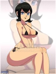 1girls bikini black_hair blue_eyes hotel_transylvania large_breasts layerth looking_at_viewer mavis_dracula medium_hair milf smile thick_thighs vampire voluptuous watermark