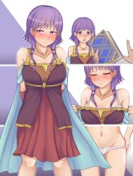 1girls accessory bare_midriff bare_shoulders bare_thighs blush book bra breasts cape cleavage collarbone embarrassed female female_focus fire_emblem fire_emblem:_the_sacred_stones looking_at_viewer lute_(fire_emblem) medium_breasts medium_hair midriff necklace niboccc nintendo open_mouth panties purple_eyes purple_hair solo_focus thighs underwear undressing white_panties