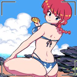 1:1 1girls 2021 ass beach bikini blue_bikini blue_eyes braid breasts canon_genderswap cloud eyebrows_visible_through_hair female female_only genderswap_(mtf) hand_on_knee holding_object kingbawoon kneeling looking_at_viewer looking_back medium_breasts o-ring o-ring_bikini ocean outdoors pixel_art ponytail ranma-chan ranma_1/2 ranma_saotome red_hair rule_63 sand seashell seiza short_hair short_ponytail single_braid sitting sky smile solo swimsuit thick_thighs thighs tied_hair