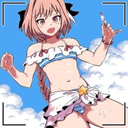 1:1 1boy 2021 astolfo_(fate) bare_arms bikini blue_bikini bow bracelet braid cloud crossdressing dripping eyebrows_visible_through_hair fate/grand_order fate_(series) femboy food food_on_body frilled_bikini frills hair_ribbon highlights_(coloring) holding_food ice_cream kingbawoon long_hair long_ponytail looking_down male male_only matching_hair/eyes navel open_mouth outdoors pink_eyes pink_hair pixel_art ponytail popsicle ribbon sarong single_braid sky solo standing star striped striped_bikini stripes sweat swimsuit thighs trap very_long_hair