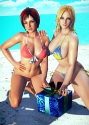 2girls 3d beach bikini birthday_gift black_hair blonde_hair blue_eyes cleavage dead_or_alive freckles hazel_eyes huge_breasts kneeling large_breasts medium_hair mila_(doa) multicolored_hair red_hair reinhardt94 seaside tina_armstrong