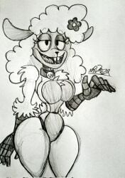 breasts busty drawing eyelashes female female_only flower_in_hair fur furry furry_only monochrome mrdrezq no_visible_genitalia no_visible_nipples robotic_arm sha_(the_walten_files) sheep sheep_girl the_walten_files thick_thighs thighs uncolored white_background white_fur white_hair