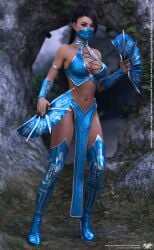 1girls 3d angelblade69 black_hair blue_eyes boob_window facemask fit_female kitana kitana_(mk9) large_breasts loincloth long_hair looking_at_viewer mortal_kombat mortal_kombat_(2011) revealing_clothes thighhighs voluptuous war_fan