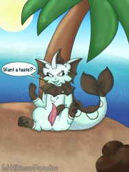 2022 beach digital_media_(artwork) eeveelution english_text feral genitals hi_res hibiscusparadise_(artist) looking_at_viewer male male_only male_vaporeon nintendo open_mouth outside palm_tree penis plant pokémon_(species) pokemon presenting seaside simple_background smile solo teasing text tree vaporeon video_games