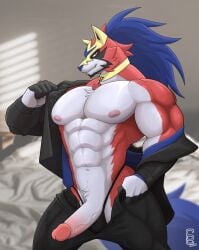 abs anthro bed biceps canid canine clothed clothing crowned_shield_zamazenta erection furniture genitals hair humanoid_genitalia humanoid_penis jewelry legendary_pokémon looking_at_viewer male male_only mammal muscular muscular_anthro muscular_male necklace nintendo nipples partially_clothed pecs penis pokémon_(species) pokemon solard0gg0 solo thong toothy_grin unbuttoned_shirt underwear vein veiny_penis video_games zamazenta