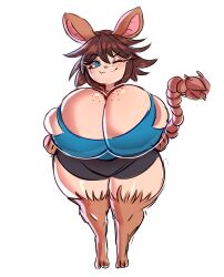 1girls animal_ears big_breasts blue_eyes blush blushing breasts breasts_bigger_than_head brown_hair cleavage clothed clothing commission eyebrows_visible_through_hair eyelashes freckles from_behind furrreun furry light-skinned_female light_skin motion_lines one_eye_closed original original_character png shirt short_hair short_shorts shorts shortstack sketch standing tail tank_top thick_thighs tight_clothing transparent_background wide_hips