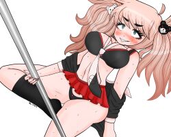 2022 black_bra blush bra breasts danganronpa danganronpa:_trigger_happy_havoc danganronpa_1 junko_enoshima large_breasts lingerie midori navel open_clothes picot_trim picot_trim_bra pole pole_dancing red_skirt straight_hair stripper_pole stripping underwear