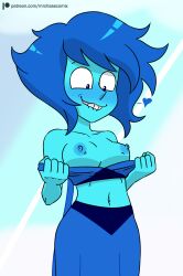 1girls biting_lip blue_eyes blue_hair blue_nipples blue_skin blush breasts cartoon_network flashing flashing_breasts gem_(species) lapis_lazuli_(steven_universe) looking_down midriff mr._chase_comix navel nipples short_hair small_breasts solo steven_universe undressing