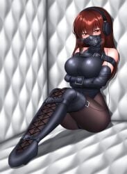 arms_in_front belt big_breasts blush bondage embarrassed gag headphones ipod leather legbinder legs_together looking_down original over_the_nose_gag pantyhose plusout red_eyes red_hair sitting soi_(plusout) straitjacket