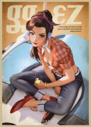 1girls blizzard_entertainment cleavage cruiser_d.va d.va female female_only high-angle_view light-skinned_female looking_at_viewer magazine_cover overwatch raikoart rockabilly