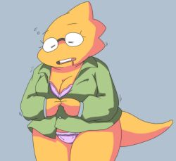 1girls 2d alphys aruput aruput_ut big_breasts blush bra chubby cleavage female female_only glasses humanoid lizard lizard_girl lizard_humanoid monster monster_girl overweight panties solo tagme undertale undertale_(series) undressing