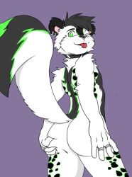 3/4_view anthro ass black_body black_fur black_hair black_nose bubble_butt butt_grab cheek_tuft collar ear_piercing facial_piercing facial_tuft fur green_body green_eyes green_fur hair hand_on_butt hi_res hyaenid hybrid looking_at_viewer looking_back male mammal mephitid neck_tuft nose_piercing nox_(nicky_noxious) nude one_eye_closed piercing presenting presenting_hindquarters raised_tail ring shoulder_tuft skeena skunk slim solo spots spotted_body spotted_fur theycallmebeans tongue tongue_out tongue_piercing tuft white_body white_fur wink winking_at_viewer