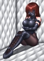 1girls arms_in_front bangs belt big_breasts blindfold bondage breasts full_body gag heavy_breathing large_breasts leather legbinder legs_together long_hair original over_the_nose_gag padded_room pantyhose plusout red_hair sitting soi_(plusout) solo solo_female straitjacket sweat thighs