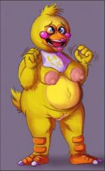 animatronic anthro avian big_breasts bird border breasts chicken edit female five_nights_at_freddy's fur galliform gallus_(genus) genitals grey_border hair machine mammal nipples nude phasianid pussy robot scottgames simple_background smile solo toy_chica_(fnaf) video_games zadirtybish