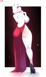 1girls 2d anthro back back_view big_breasts breasts daphne_dress dress female female_only furry goat goat_humanoid high_heels horns huge_breasts humanoid ksenik looking_back red_dress revealing_clothes sideboob solo thick_thighs toriel undertale undertale_(series) voluptuous white_fur