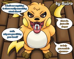 absurd_res hi_res high-angle_view imminent_vore in_mouth mammal mouse murid murine nintendo oral_vore pokémon_(species) pokemon pokemon_(species) raichu rodent size_difference speech_bubble standing suiro text video_games vore