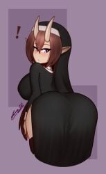 ! 1girls 2020 ass back_view bent_over brown_hair female female_only florazarts hi_res light_blush long_hair looking_at_viewer mana_(florazarts) nun nun_outfit oni oni_horns pointy_ears purple_eyes solo solo_female