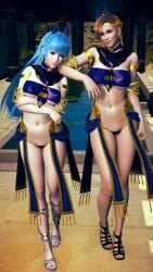 2girls 3d belly_dancer belly_dancer_outfit blue_hair brown_eyes brown_hair cat_ears dead_or_alive egyptian egyptian_clothes egyptian_mythology erect_nipples harem harem_girl harem_outfit huge_breasts king_of_fighters kula_diamond lisa_hamilton long_hair looking_at_viewer red_eyes reinhardt94 sandals short_hair snk tubetop