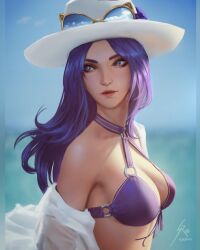 1girls arcane beach bikini caitlyn_kiramman eyewear eyewear_on_head female female_only hat league_of_legends light-skinned_female painting_(artwork) purple_hair raikoart sunglasses sunglasses_on_head