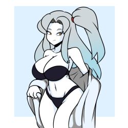 1girls angela_(lobotomy_corporation) bikini black_bikini breasts female female_only iggy-bomb large_breasts light_blue_hair lobotomy_corporation orange_eyes ponytail project_moon solo solo_female thick thick_thighs undressing