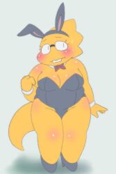 1girls 2d alphys aruput aruput_ut blush bunny_ears bunnysuit chubby embarrassed female female_only flustered glasses humanoid lizard_girl lizard_humanoid overweight solo tagme undertale undertale_(series)