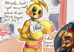 animatronic five_nights_at_freddy's five_nights_at_freddy's_2 fnaf large_breasts male marionette_(fnaf) puppet_(fnaf) silverplatin sweating_profusely text toy_chica_(fnaf) toy_freddy_(fnaf)