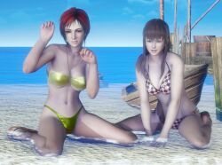 2girls 3d beach bikini black_hair blue_eyes brown_hair cleavage dead_or_alive golden_bikini hazel_eyes hitomi_(doa) kneeling large_breasts long_hair mila_(doa) multicolored_hair red_hair reinhardt94 sandals seaside short_hair sitting_in_water