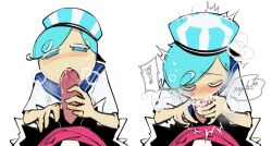 blowjob blue_eyes blue_hair blush cjay_black21 closed_eyes cookie_run cumshot cumshot_in_mouth hand_on_penis peppermint_cookie sorbet_shark_cookie speech_bubble spoken_exclamation_point spoken_question_mark steamy_breath