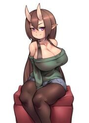 1girls 2020 blush brown_hair cleavage female female_only kelvin_hiu large_breasts light-skinned_female long_hair looking_at_viewer mana_(florazarts) narrowed_eyes oni oni_horns original pantyhose pointy_ears purple_eyes simple_background sitting smiling smiling_at_viewer solo