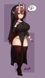 1girls 2020 brown_hair dialogue english_text female female_only florazarts hi_res long_hair looking_at_viewer mana_(florazarts) nun nun_outfit oni oni_horns pointy_ears purple_eyes smiling smiling_at_viewer solo solo_female speech_bubble stockings talking_to_viewer thick_thighs wide_hips