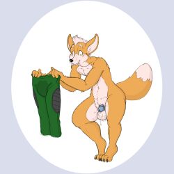 1:1 2021 anthro balls blush blush_lines bodily_fluids bottomwear canid canine chastity_cage chastity_device claws clothing cum cum_on_balls cum_on_clothing cum_stain ejaculation fox fox_mccloud fur genital_fluids genitals green_bottomwear green_clothing green_pants hi_res holding_bottomwear holding_clothing holding_object holding_pants inner_ear_fluff looking_down looking_worried male male_only mammal nintendo nude pants pihlaja raised_tail solo stain stained_clothing star_fox tiptoes toe_claws tuft video_games