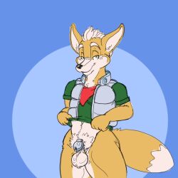 2021 anthro ascot balls bodily_fluids bottomless canid canine chastity_cage chastity_device clothed clothing clothing_lift fox fox_mccloud front_view fur genital_fluids genitals holding_clothing holding_object holding_shirt holding_topwear inner_ear_fluff looking_at_viewer male male_only mammal nintendo penis pihlaja precum presenting presenting_balls presenting_genitalia presenting_penis shirt shirt_lift smile smirk solo standing star_fox topwear tuft vest video_games