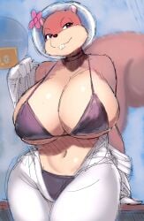 anthro big_breasts bikini breasts brown_body brown_fur cleavage clothed clothing female fur hi_res huge_breasts lemonbizate_(artist) mammal nickelodeon nipple_outline rodent sandy_cheeks sciurid solo spongebob_squarepants straight_hair swimwear