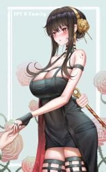 1girls assassin bangs black_hair blood blush breasts cleavage dress flower gloves hair_ornament highres huge_breasts large_breasts long_hair no_bra red_eyes spy_x_family standing stiletto_(weapon) thick_thighs thighhighs thighs thorn_princess weapon yf_(hbyg) yor_briar