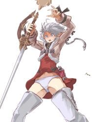 alisaie_leveilleur blue_eyes elezen elf_ears elf_female elf_girl female female_only final_fantasy final_fantasy_xiv panties pointy_ears rani red_clothing shocked square_enix sword upskirt white_background white_hair white_panties