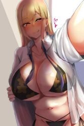 1girls bikini blonde_hair breasts female female_only gyaru heart-shaped_pupils herorainbowpai2 herorainbowpaint kitagawa_marin large_breasts licking_lips looking_at_viewer open_shirt solo sono_bisque_doll_wa_koi_wo_suru swimsuit