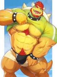 2022 abs anthro bara barazoku beard big_bulge big_muscles blue_background bodily_fluids body_hair border bottomwear bottomwear_down bowser bracelet bulge chest_hair clothed clothing collar eyebrows facial_hair front_view glistening glistening_body hair happy_trail hi_res horn huge_bulge huge_muscles jewelry koopa kusunagi looking_at_viewer male male_only mario_(series) muscular muscular_anthro muscular_male musk nintendo nipples non-mammal_nipples obliques open_mouth open_smile partially_clothed pecs pubes raised_clothing raised_shirt raised_topwear scalie shell shirt shorts shorts_down simple_background smile solo spiked_bracelet spiked_collar spiked_shell spikes spikes_(anatomy) standing sweat teeth thick_thighs thong tongue topwear underwear vein video_games white_border