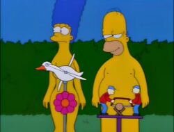 1boy 1girls bald blue_hair canonical_scene convenient_censoring homer_simpson marge_simpson naked naked_female naked_male nude nude_female nude_male official_art scenery_censor screencap screenshot the_simpsons the_simpsons_reference yellow_body yellow_skin