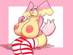 4:3 anthro areola audino big_breasts breasts clothing female goopyarts hat headgear headwear hi_res huge_breasts leggings legwear looking_at_viewer mostly_nude multicolored_body nintendo nipples open_mouth pink_nipples pokémon_(species) pokemon raina_(goopyarts) sitting solo two_tone_body video_games