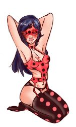 arms_behind_head blue_hair choker kneeling ladybug_(character) lingerie marinette_cheng marinette_dupain-cheng miraculous_ladybug polka_dots sinkoriin thighhigh_socks thighhighs waist_length_hair