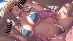 3boys aqua_bikini azur_lane bangs bar_censor bare_shoulders bikini blue_sky blush braid braided_bun breasts censored cleavage collarbone commission condom condom_belt covered_nipples cowgirl_position criss-cross_halter cum cum_in_pussy double_bun double_handjob female formidable_(azur_lane) formidable_(the_lady_of_the_beach)_(azur_lane) gangbang group_sex halterneck handjob highres hoosaku large_breasts long_hair looking_at_viewer multi-strapped_bikini multiple_boys multiple_penises navel official_alternate_costume open_mouth penis pointless_condom pussy red_eyes sex skeb_commission sky straddling straight sweat swimsuit tongue tongue_out used_condom vaginal_penetration very_long_hair wet whooosaku