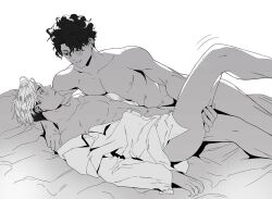 2boys atsumu_miya blush bottomless gay haikyuu!! leg_up looking_at_another male male/male male_only monochrome open_clothes open_shirt pubic_hair_peek sakusa_kiyoomi torotre yaoi