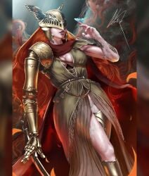 armor big_breasts bottomless cleavage clothed clothes_lift clothing elden_ring exposed_legs fromsoftware inner_sideboob legs malenia_blade_of_miquella nazreizo_(artist) prosthetic prosthetic_arm prosthetic_limb red_hair solo solo_female sword