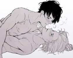 2boys ash_lynx banana_fish closed_eyes eiji_okumura gay heavy_breathing implied_sex looking_pleasured male male/male male_only muscular on_back on_top sweat toned torotre visible_breath yaoi