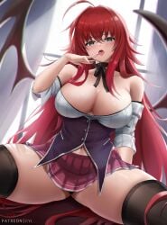 bare_shoulders black_legwear breasts choker cleavage collar cyicheng demon_girl demon_wings female finger_to_mouth green_eyes high_school_dxd large_breasts naughty_face navel open_mouth panties panty_peek red_hair rias_gremory see-through skirt solo spread_legs thick_thighs thighhighs thighs tongue tongue_out underwear wet wet_clothes wings