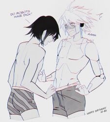 2boys ass blush boxers boxers_pull danganronpa danganronpa_v3 english_text gay kiibo looking_down male male/male male_only monochrome ouma_kokichi robot robot_boy robot_humanoid shocked small_ass straight_hair surprised text torotre wide_eyed yaoi