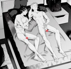 2boys bed bedroom black_and_white censored completely_nude earrings eyebrow_piercing flaccid gay heart_censor male male/male male_only monochrome nude on_back on_bed original original_character penis piercing pubic_hair sleeping toned torotre yaoi