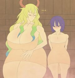 age_difference bangs blush closed_eyes dragonbreaker horns huge_breasts larger_female looking_at_another looking_down lucoa magatsuchi_shouta miss_kobayashi's_dragon_maid multicolored_hair nervous older_female purple_eyes purple_hair quetzalcoatl_(dragon_maid) sauna shy smaller_male steam thick_thighs towel yellow_hair younger_male