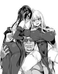 1boy 2girls :d asanagi ass_grab ass_in_dress bad_link black_dress black_hair blonde_hair blush breast_rest breasts breasts_on_head carrying carrying_over_shoulder cross dress fingering fingering_through_clothes garter_belt greyscale groping habit hat highres huge_breasts long_hair long_sleeves looking_at_viewer mole mole_under_eye monochrome multiple_girls no_eyes nun open_mouth original pimp smile thighhighs tight twintails ugly_bastard white_legwear